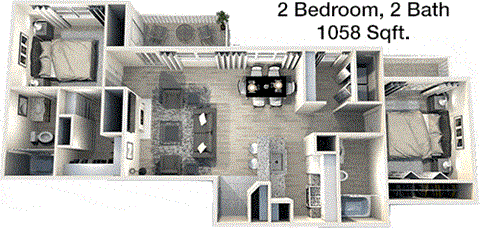 Floor plan for 2 beds, 2 baths, 1058 sqft